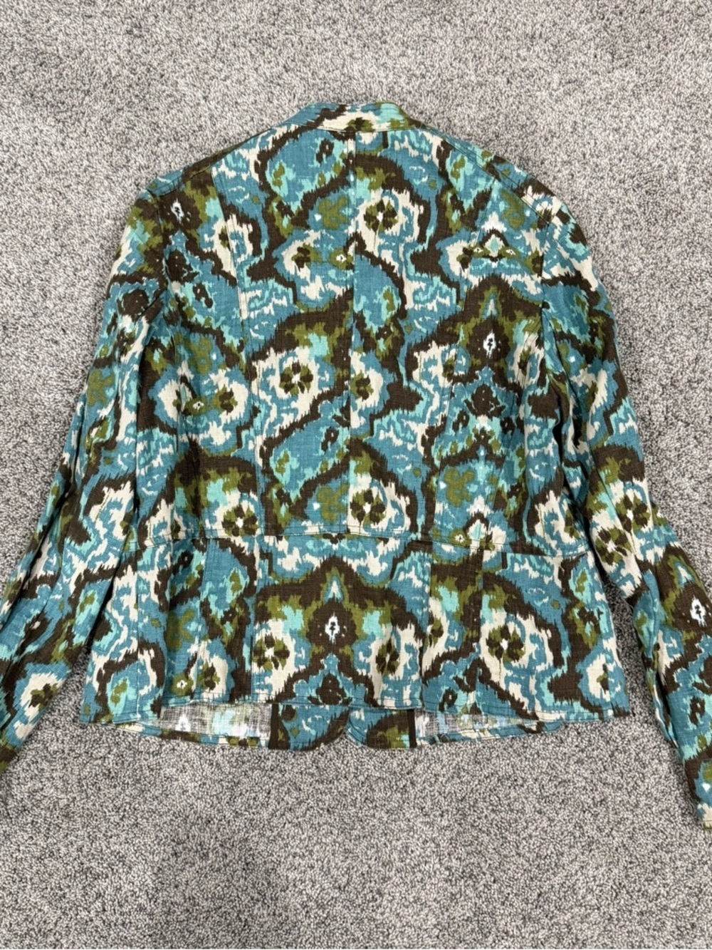 Vintage Charter Club Teal Brown Ikat 100% Linen Pockets Blazer Jacket Women’s L - Picture 10 of 11